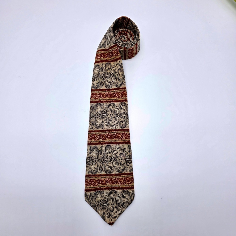 Vintage Guess American Classics Silk Tie Tan Burgundy Scroll Pattern Made in USA